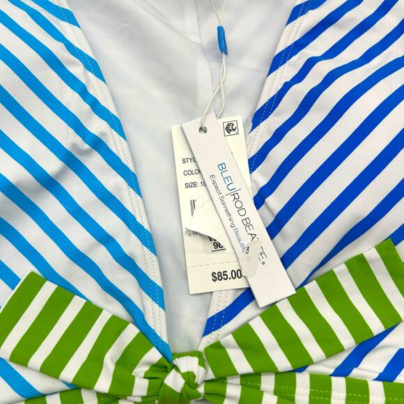 NEW Bleu by Rod Beattie Blue White Stripe Bikini Top Size 10 Tie front Modest - Picture 5 of 9
